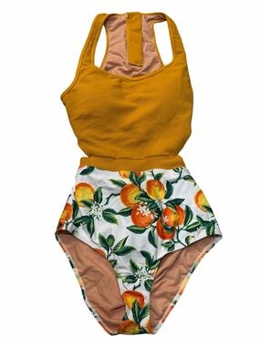 One Piece Cut Out Swimsuit Fruit Zipper and Tie Back Size Large